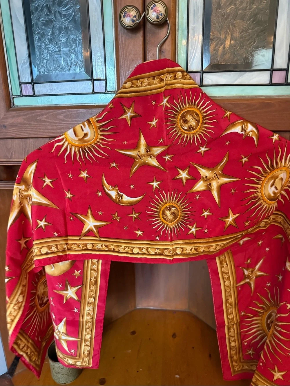 Vintage Casca 100% Silk Scarf Red & Gold Baroque Zodiac Sun Moon Star Motif